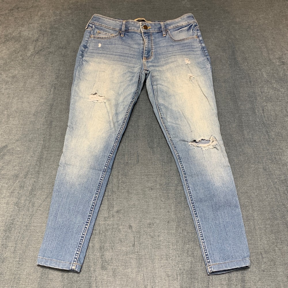Hollister Super Skinny Jeans Womens 7S 28x29 Blue Denim Distressed Mid Rise Cozy
